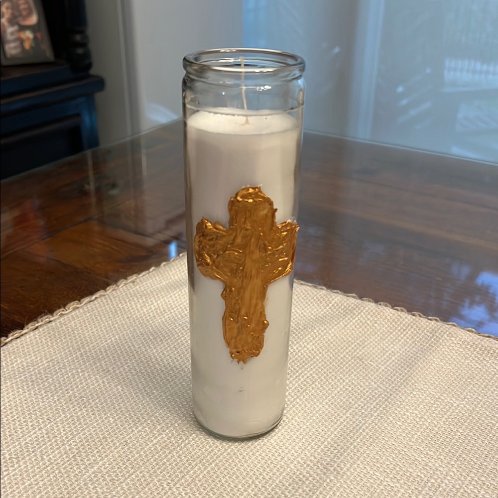 Gold Cross White Prayer Candle